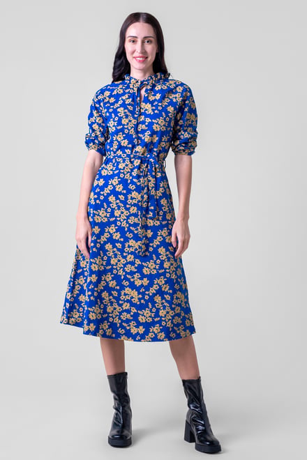 Tie Frill Neck Printed Midi Dress