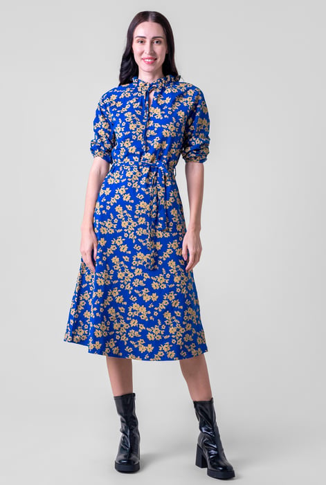 Purple Tie Frill Neck Printed Midi Dress