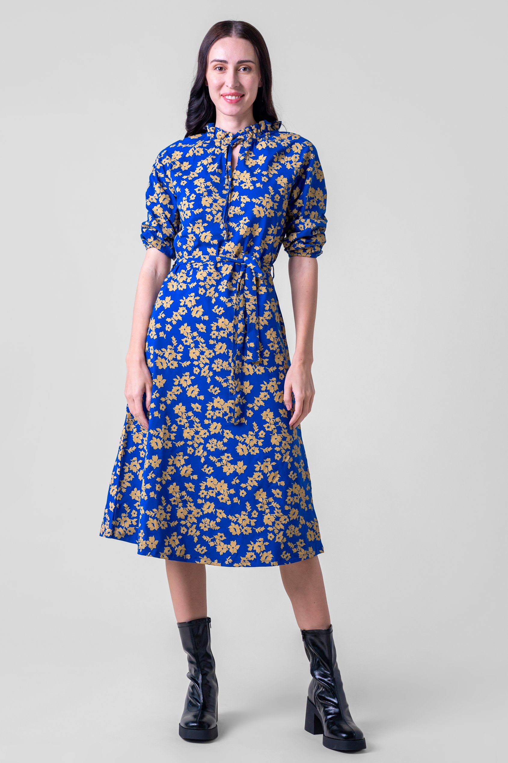 Enorsia Women's Blue Tie Frill Neck Printed Midi Dress - Uk 10