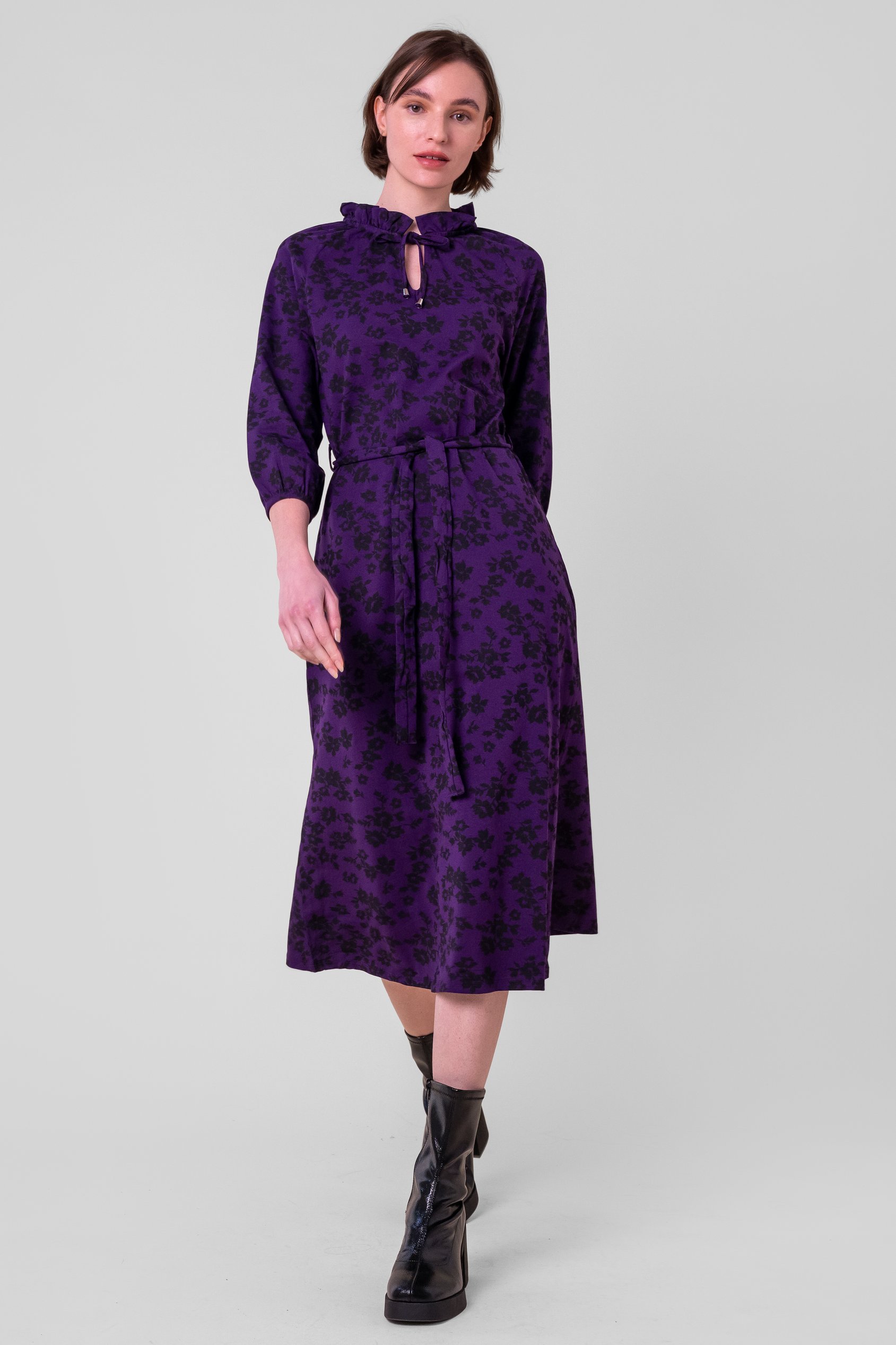 Enorsia Women's Purple Tie Frill Neck Printed Midi Dress - Uk 10