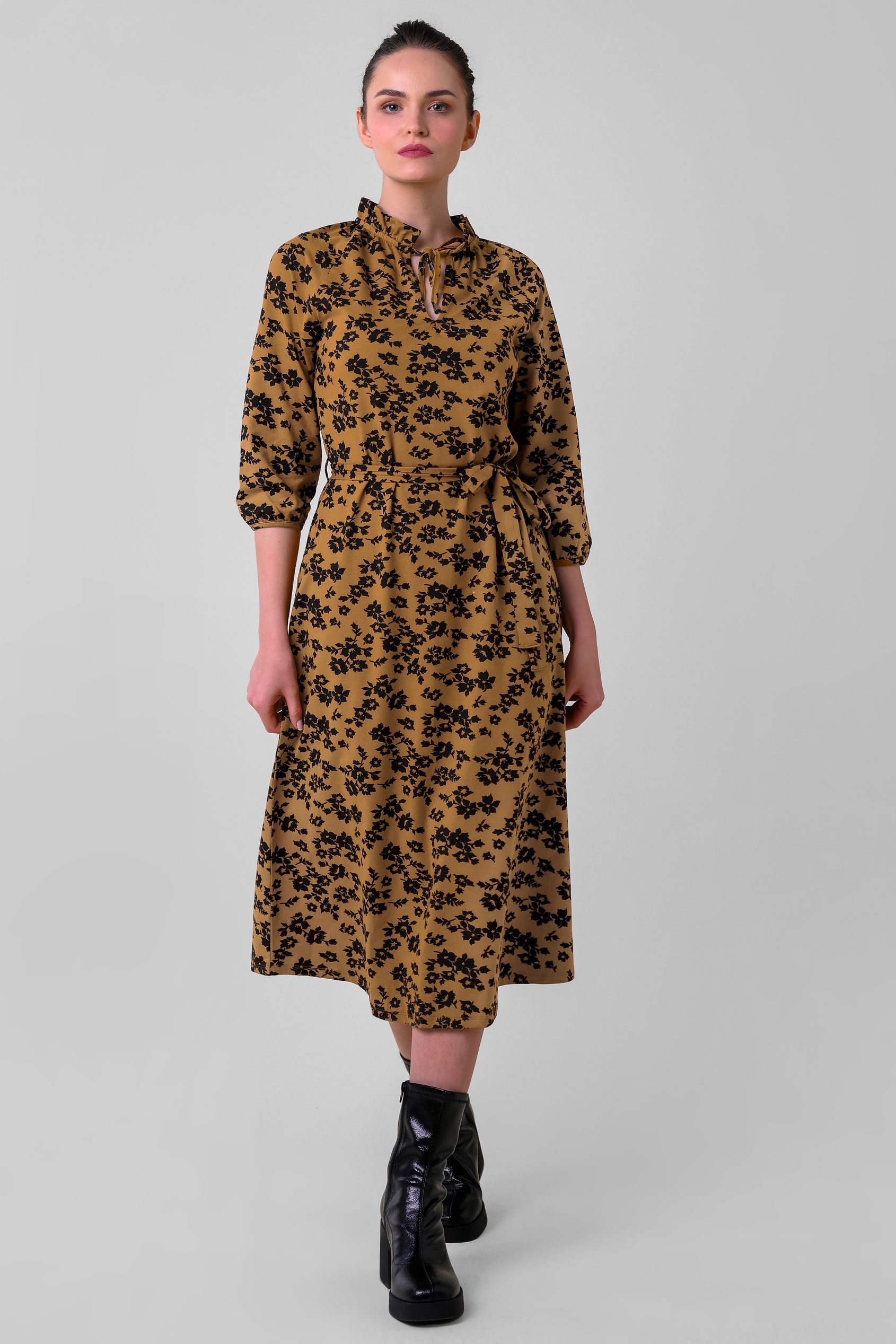 Enorsia Women's Gold Tie Frill Neck Printed Midi Dress - Uk 10