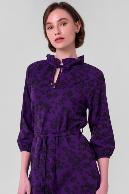 Tie Frill Neck Printed Midi Dress
