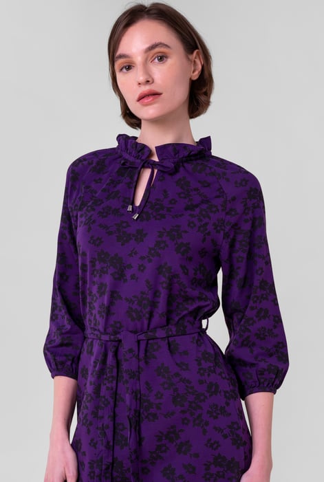 Purple Tie Frill Neck Printed Midi Dress