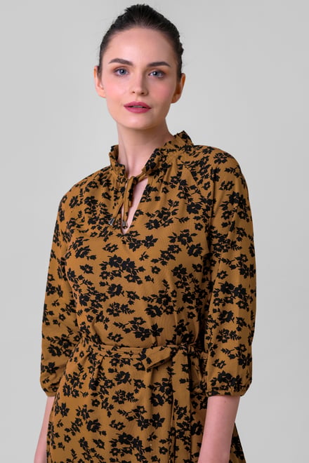 Tie Frill Neck Printed Midi Dress