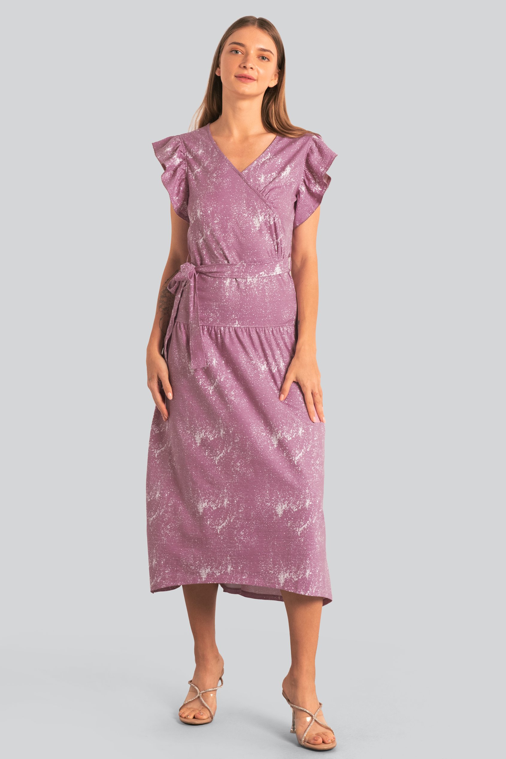 Enorsia Women's Purple Frill - Sleeve Brush Print Wrap Asymmetric Dress - Uk 12