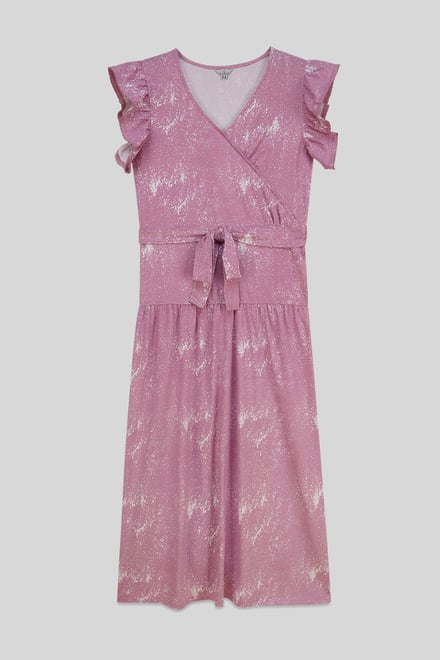 Frill - Sleeve Brush Print Wrap Asymmetric Dress