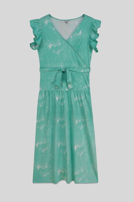Frill - Sleeve Brush Print Wrap Asymmetric Dress