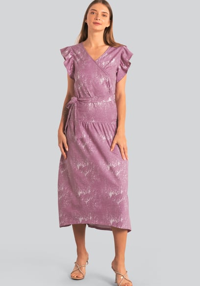 Frill - Sleeve Brush Print Wrap Asymmetric Dress