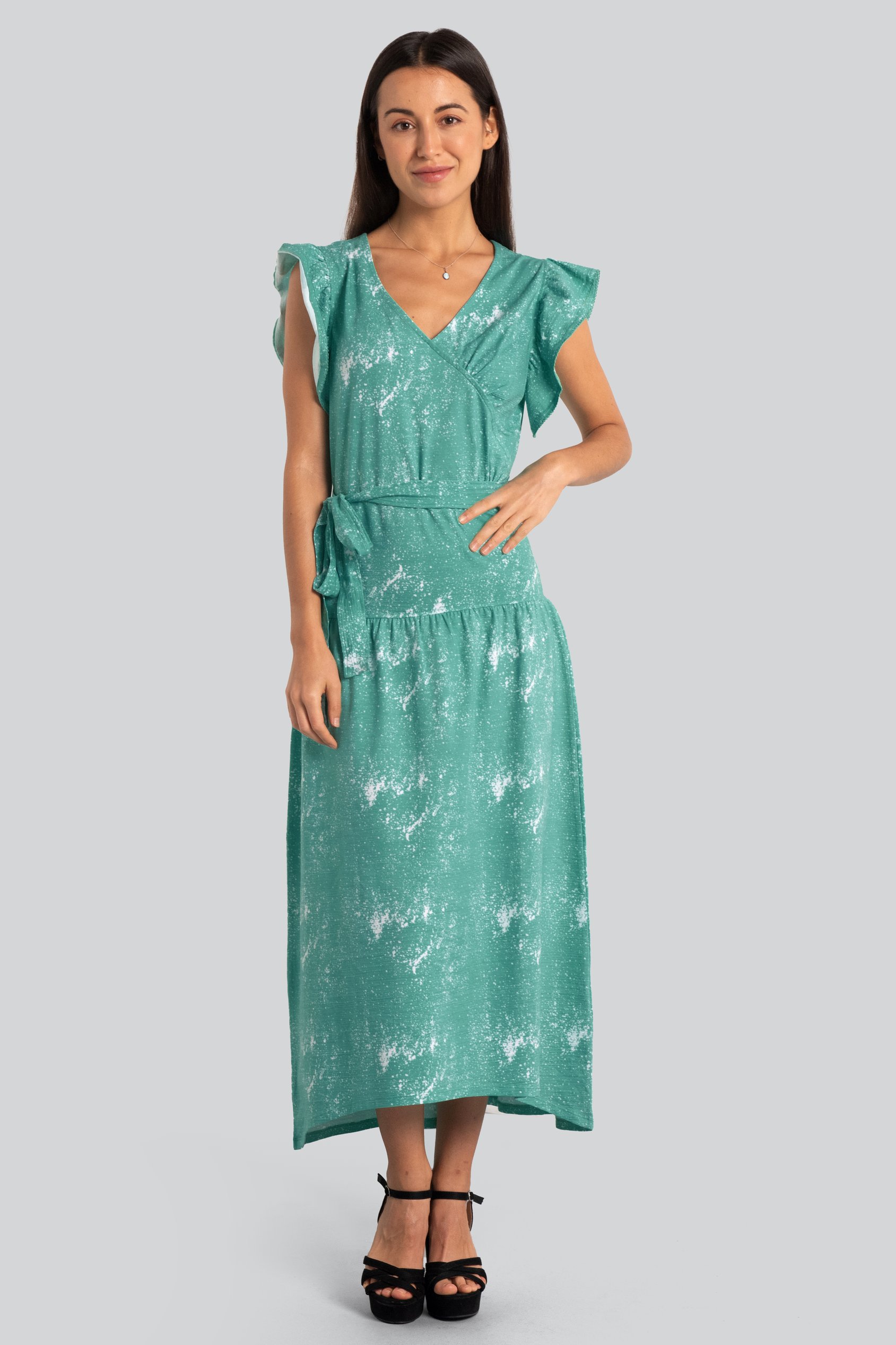 Enorsia Women's Blue Frill - Sleeve Brush Print Wrap Asymmetric Dress - Uk 18