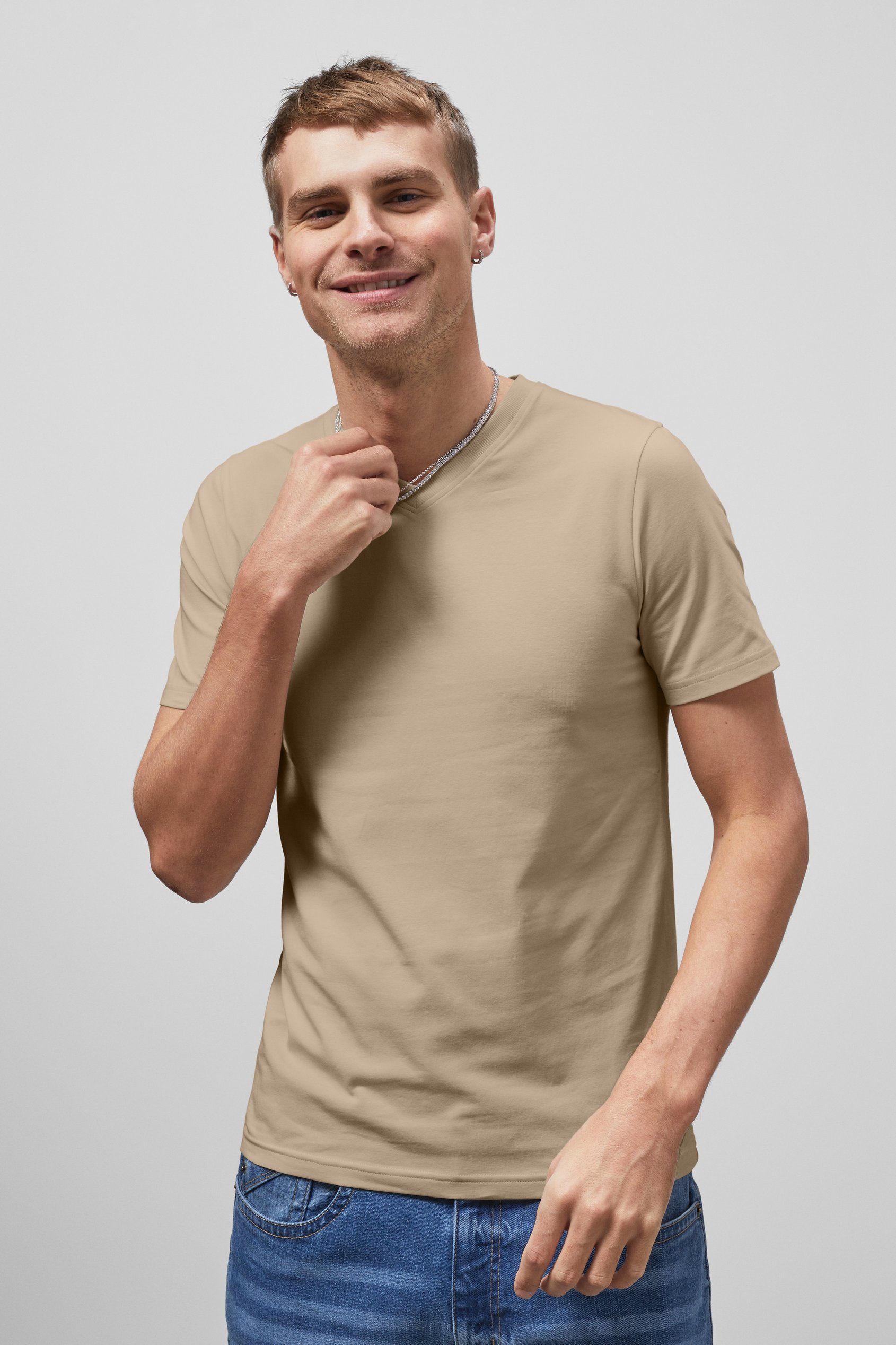 Enorsia Men's Cream V-Neck T-Shirt - Uk L