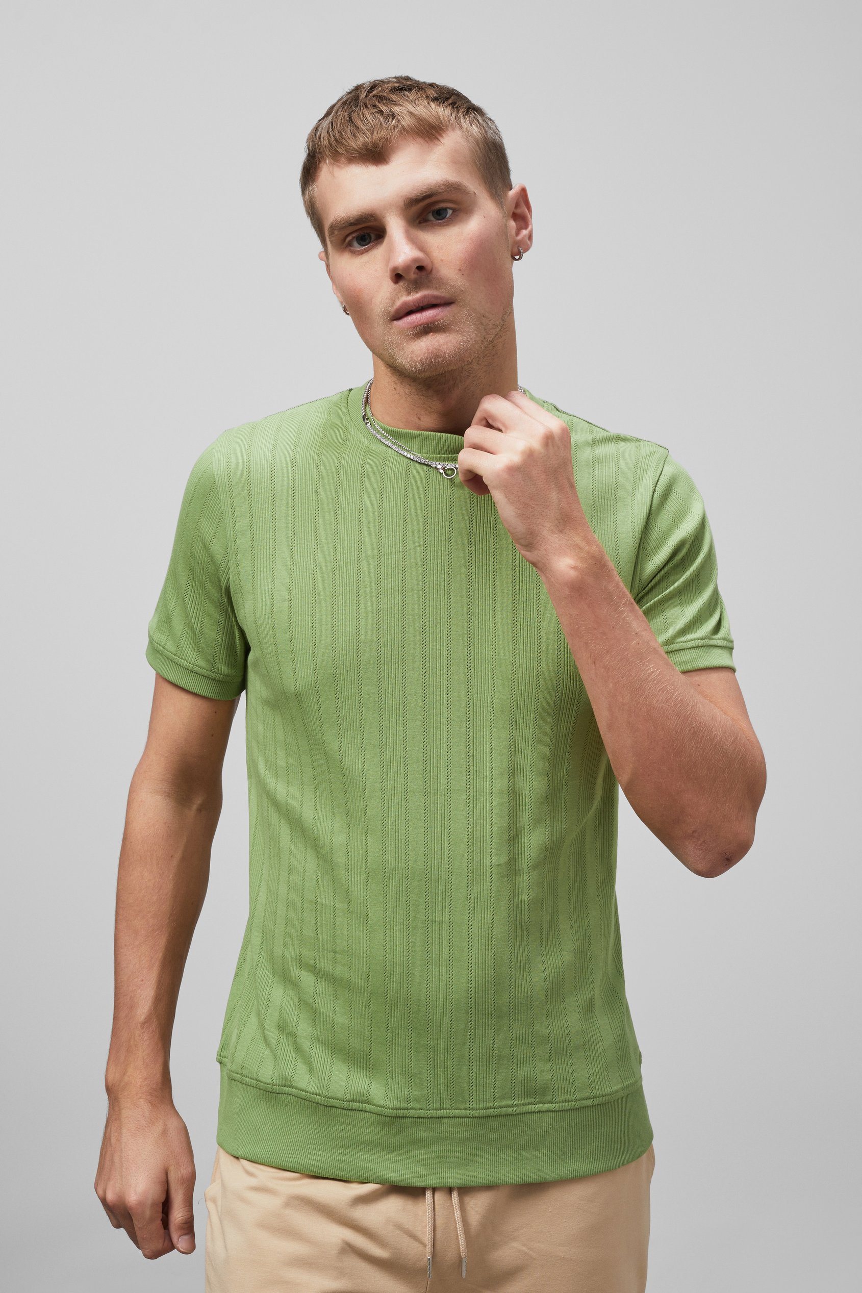 Enorsia Men's Green Ribbed Short Sleeve T-Shirt - Uk M