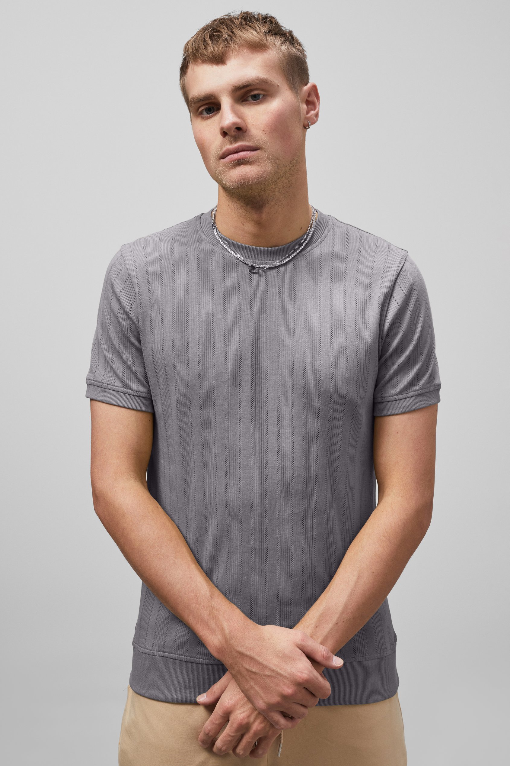 Enorsia Men's Grey Ribbed Short Sleeve T-Shirt - Uk S