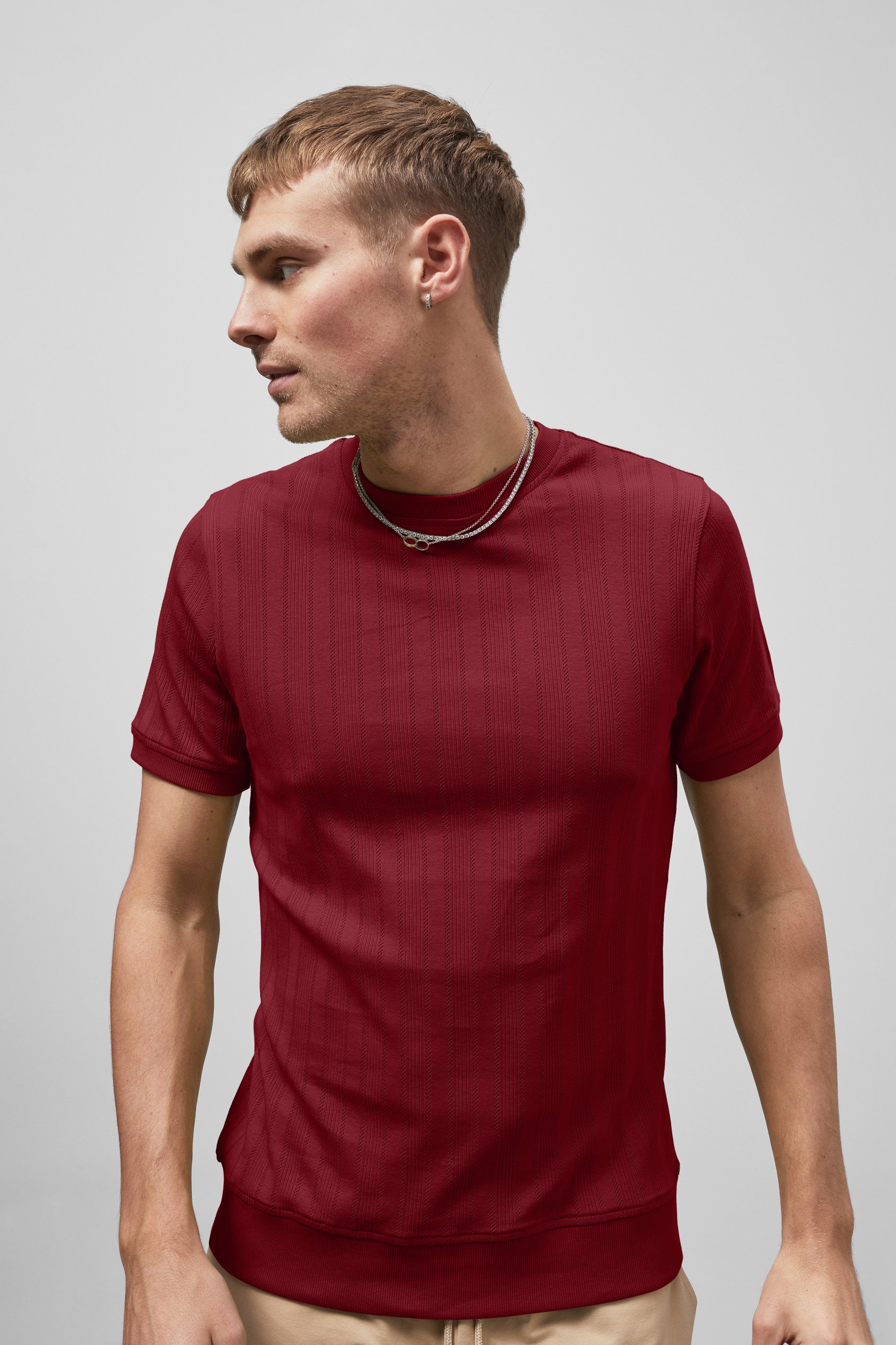 Enorsia Men's Red Ribbed Short Sleeve T-Shirt - Uk Xxl