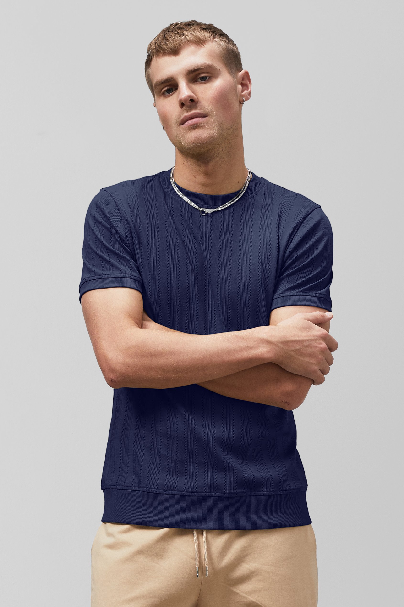 Enorsia Men's Navy Ribbed Short Sleeve T-Shirt - Uk M