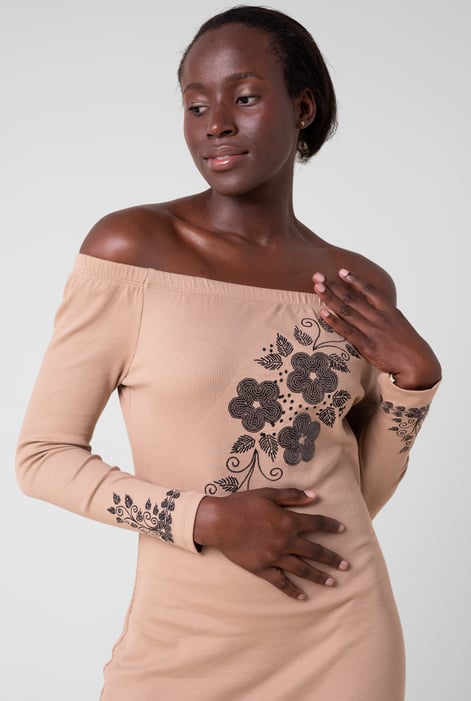 Cream Off Shoulder Embroidery Decor Midi Dress