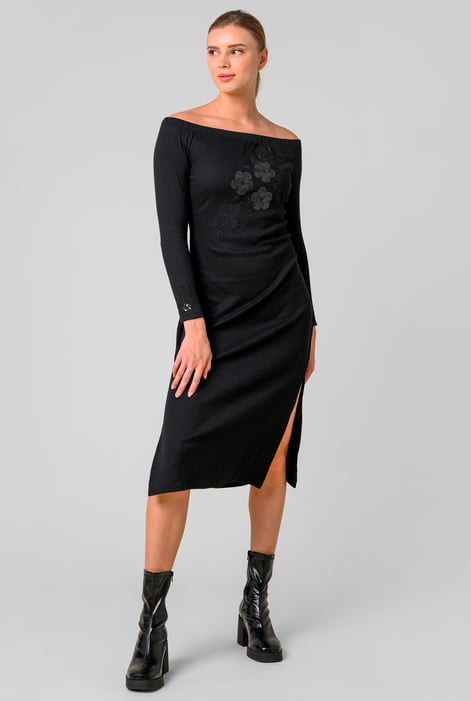 Black Off Shoulder Embroidery Decor Midi Dress