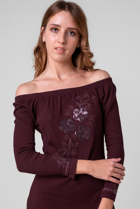 Red Off Shoulder Embroidery Decor Midi Dress
