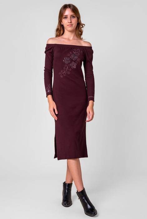 Black Off Shoulder Embroidery Decor Midi Dress