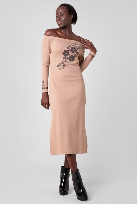 Black Off Shoulder Embroidery Decor Midi Dress