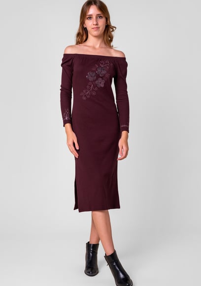 Off Shoulder Embroidery Decor Midi Dress