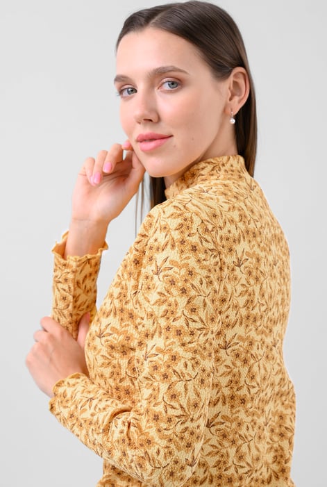 Yellow Crepe Ribbed Midi Floral Dress