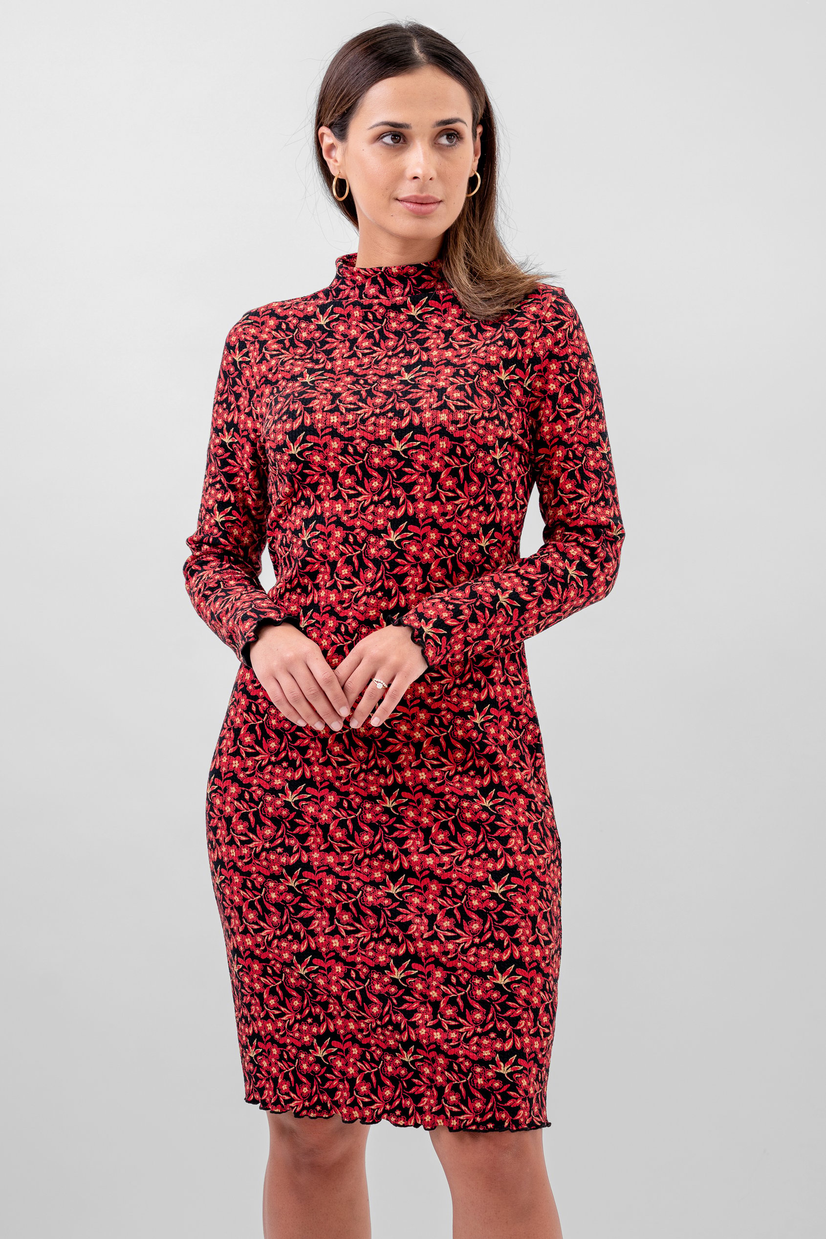 Enorsia Women's Black Crepe Ribbed Midi Floral Dress - Uk 16