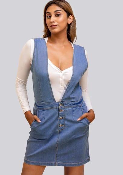 Womens Plunge V-Neck Denim Mini Dress