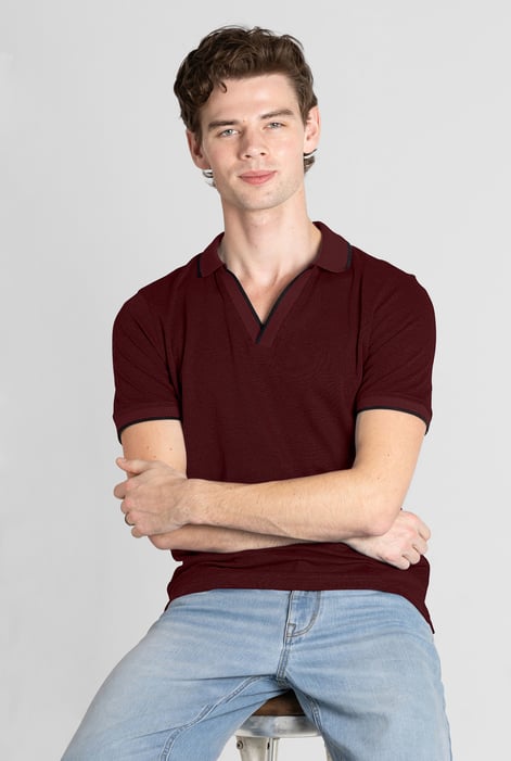 Red Regular Fit Ribbed V-Neck Polo Shirt