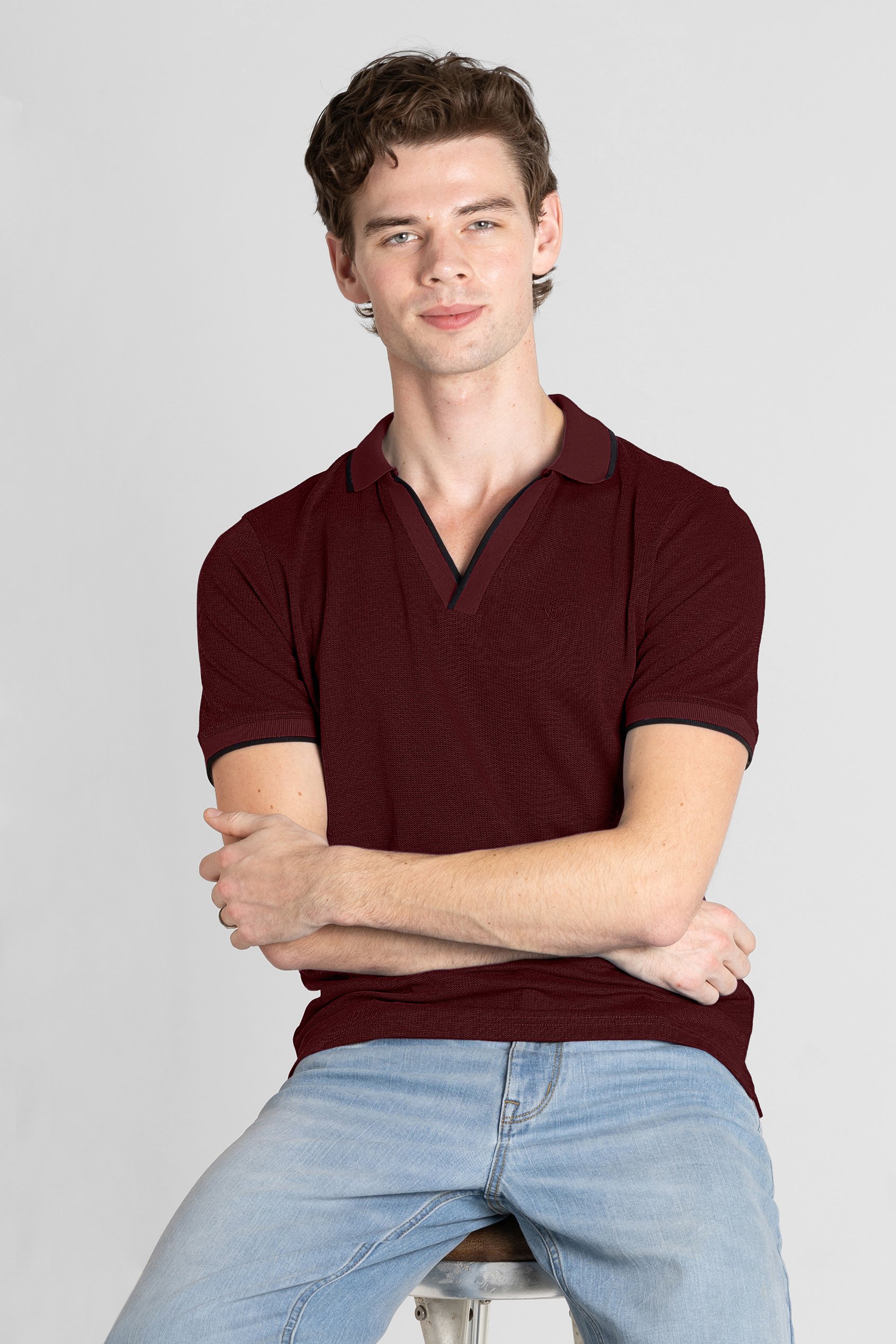 Enorsia Men's Red Regular Fit Ribbed V-Neck Polo Shirt - Uk L