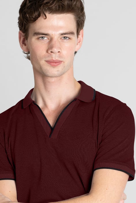 Red Regular Fit Ribbed V-Neck Polo Shirt