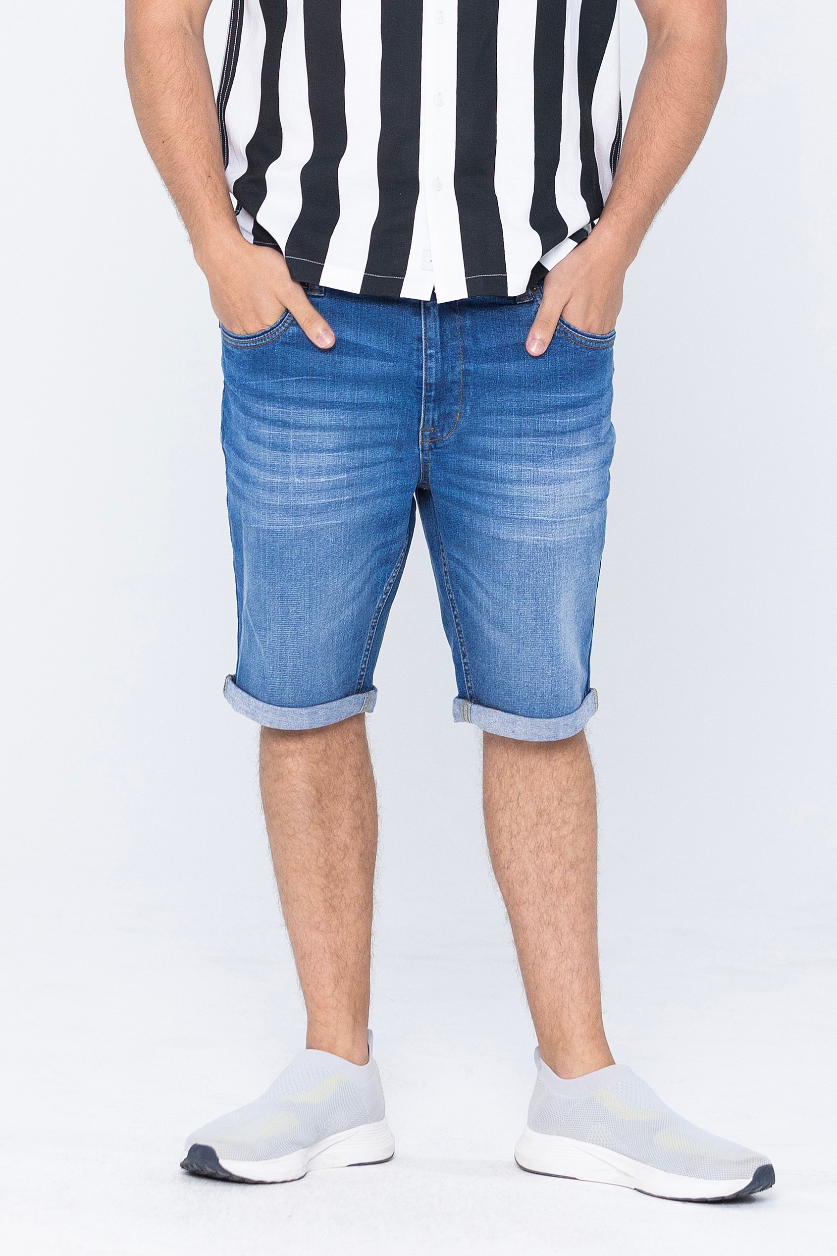 Enorsia Men's Mid Blue Skinny Fit Turned Denim Shorts - Uk 36
