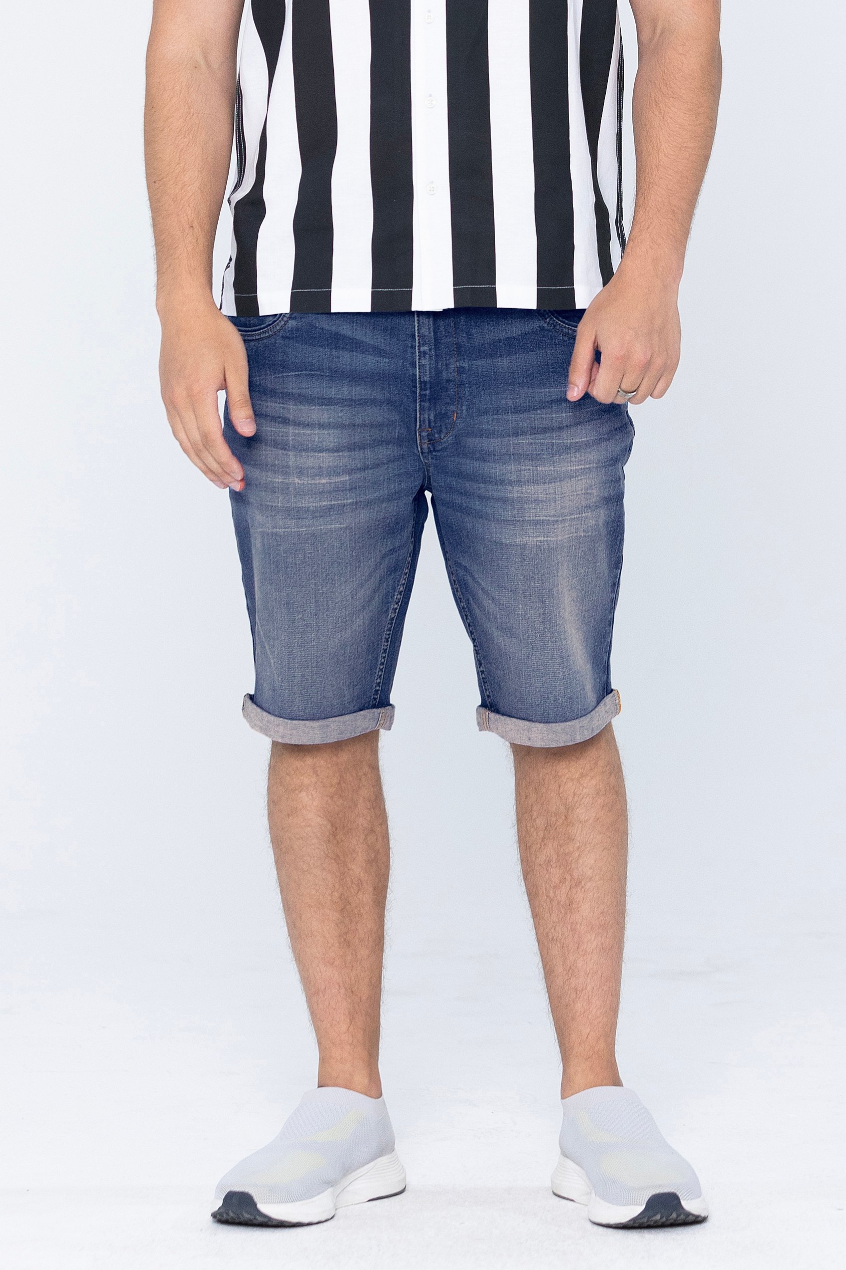 Enorsia Men's Deep Blue Skinny Fit Turned Denim Shorts - Uk 36