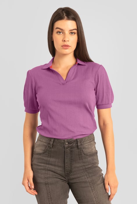 Womens Red Puff Sleeve V-Neck Polo Shirt