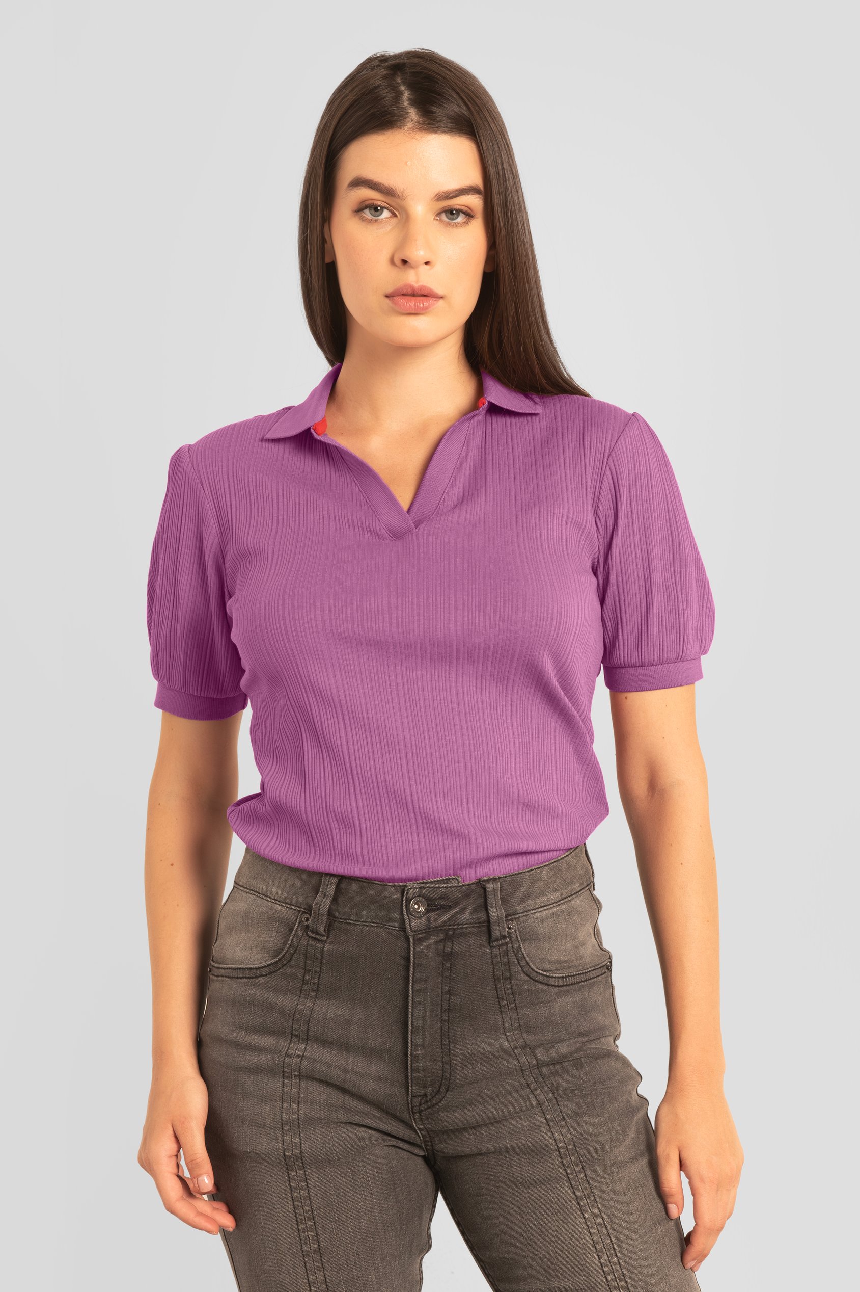 Enorsia Women's Purple Puff Sleeve V-Neck Polo Shirt - Uk 16