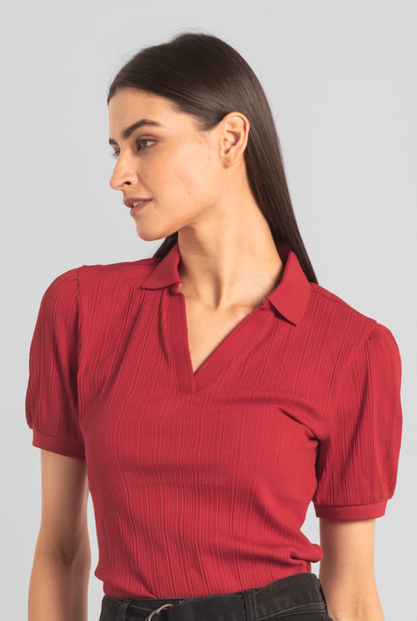 Womens Red Puff Sleeve V-Neck Polo Shirt