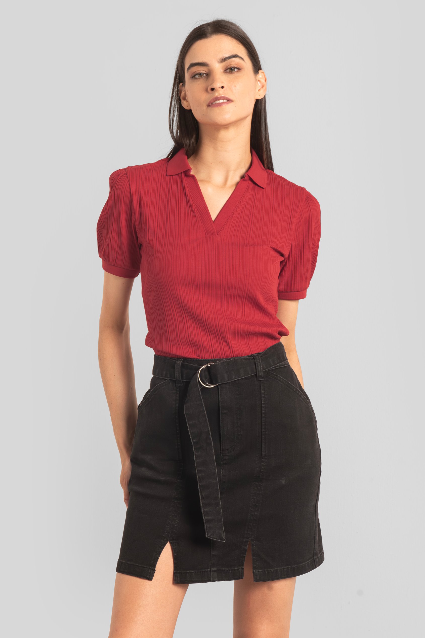 Enorsia Women's Red Puff Sleeve V-Neck Polo Shirt - Uk 16