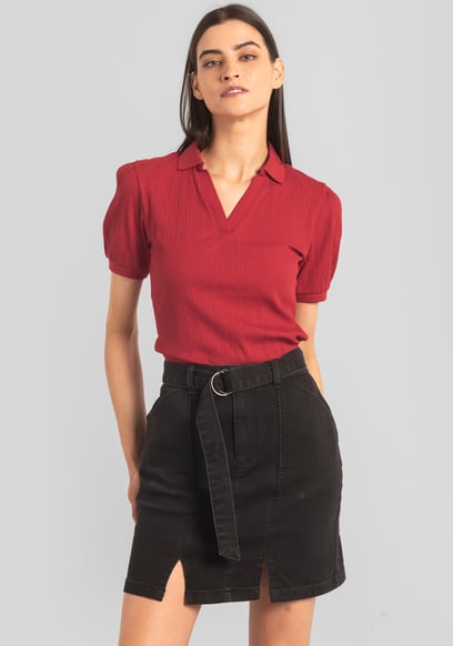 Womens Puff Sleeve V-Neck Polo Shirt