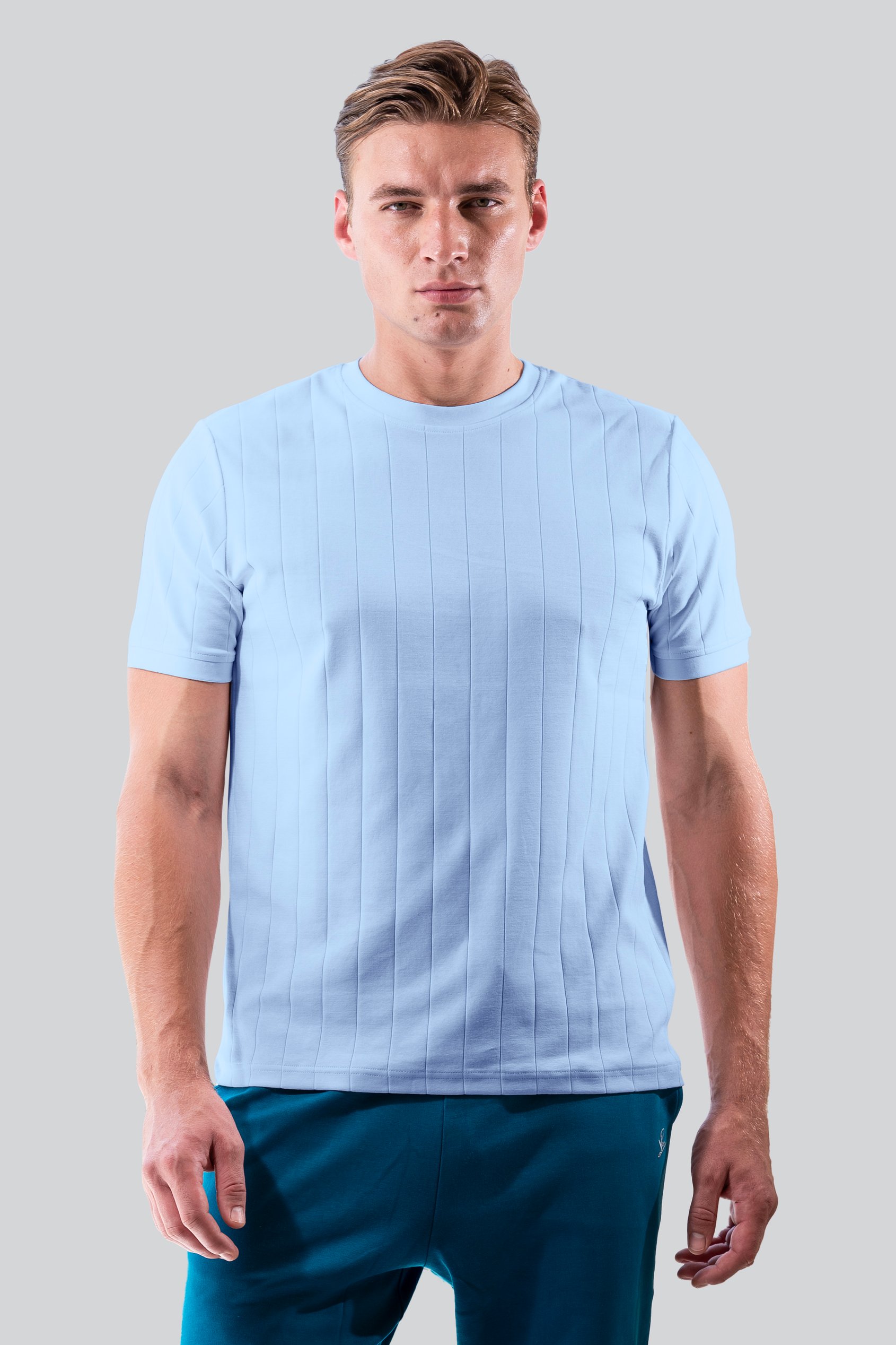 Enorsia Men's Blue Soft Cotton Design Rib T-Shirt - Uk L