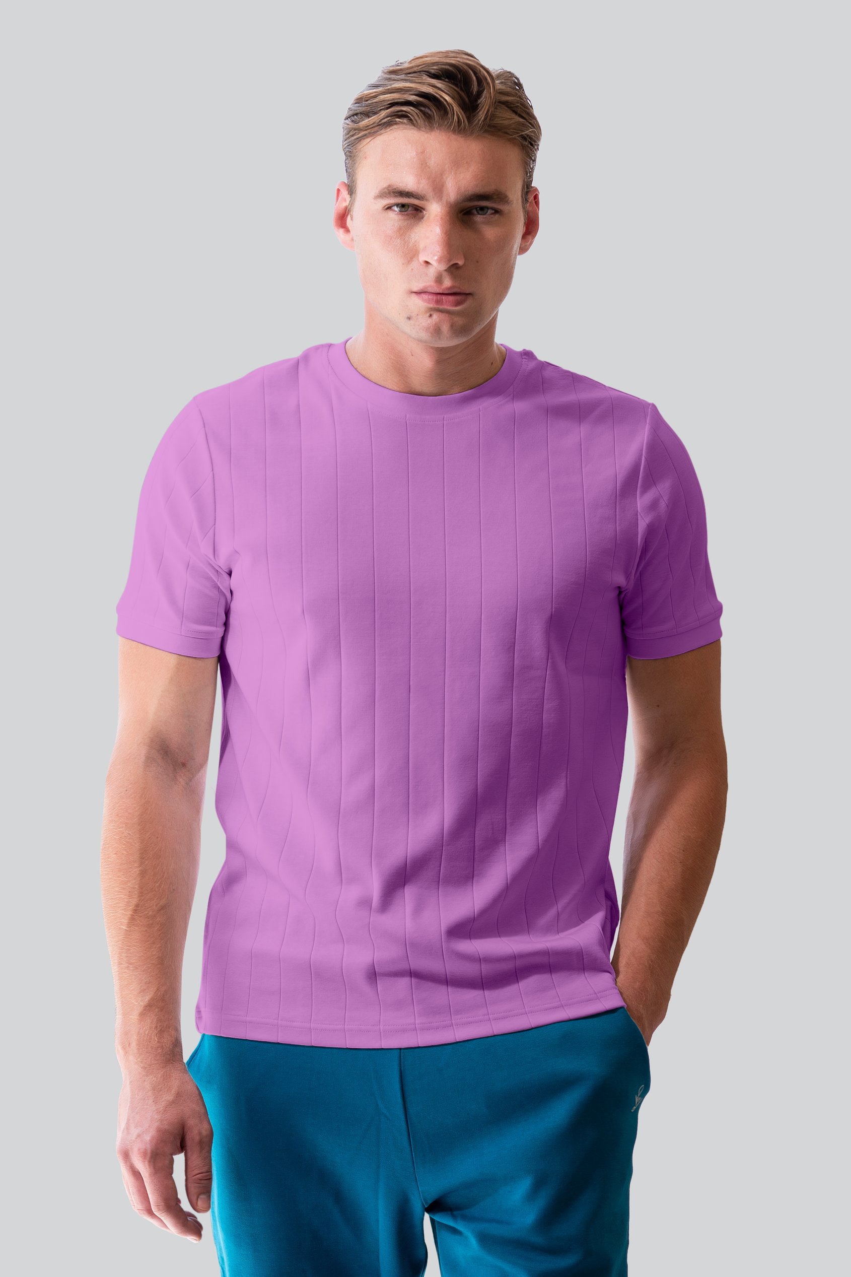 Enorsia Men's Pink Soft Cotton Design Rib T-Shirt - Uk L
