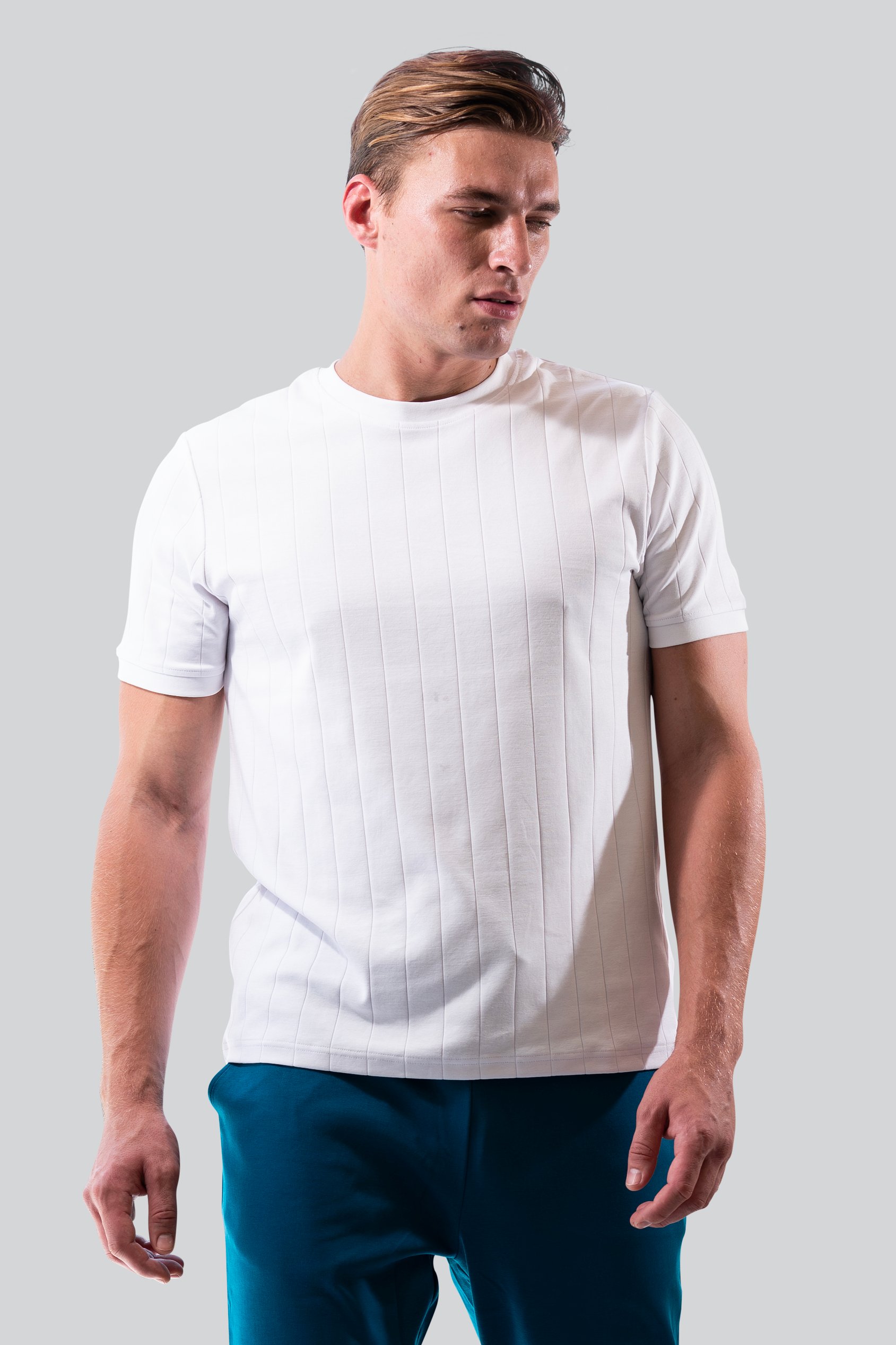Enorsia Men's White Soft Cotton Design Rib T-Shirt - Uk L