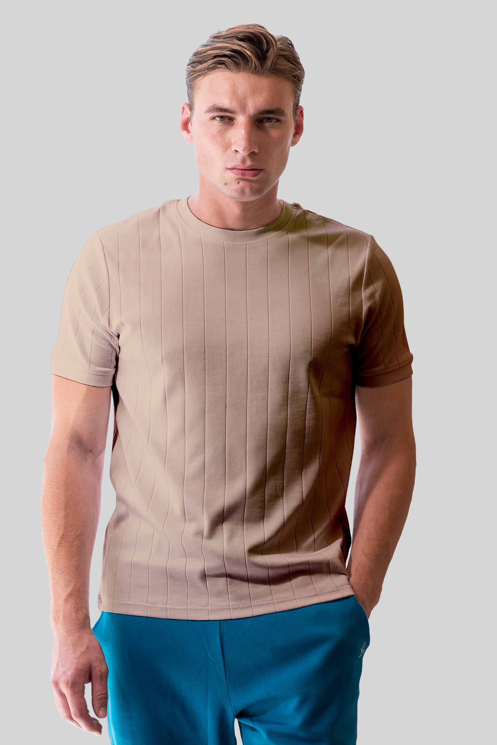 Enorsia Men's Cream Soft Cotton Design Rib T-Shirt - Uk L