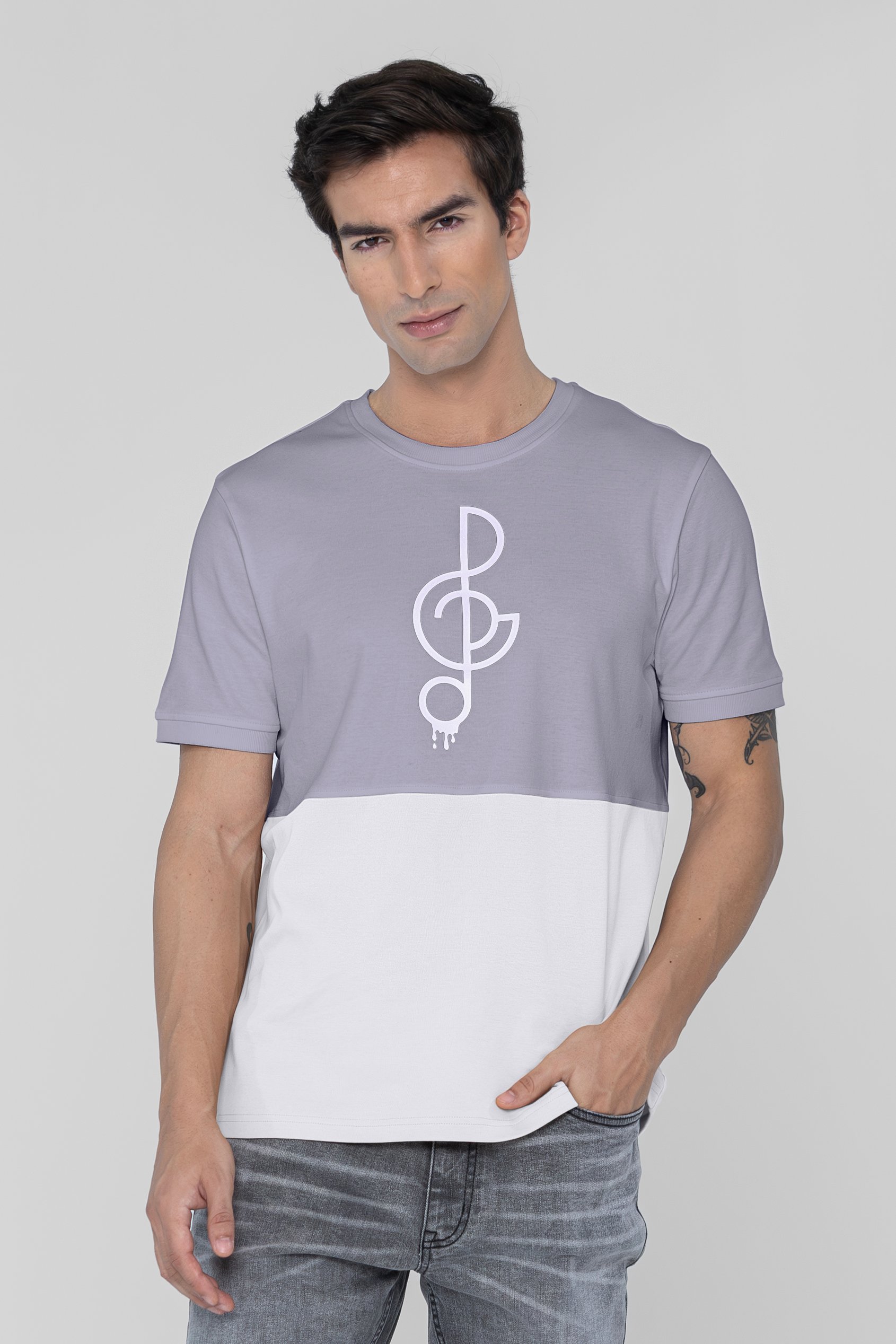 Enorsia Men's Grey Cut & Sew Colour Block T-Shirt - Uk L