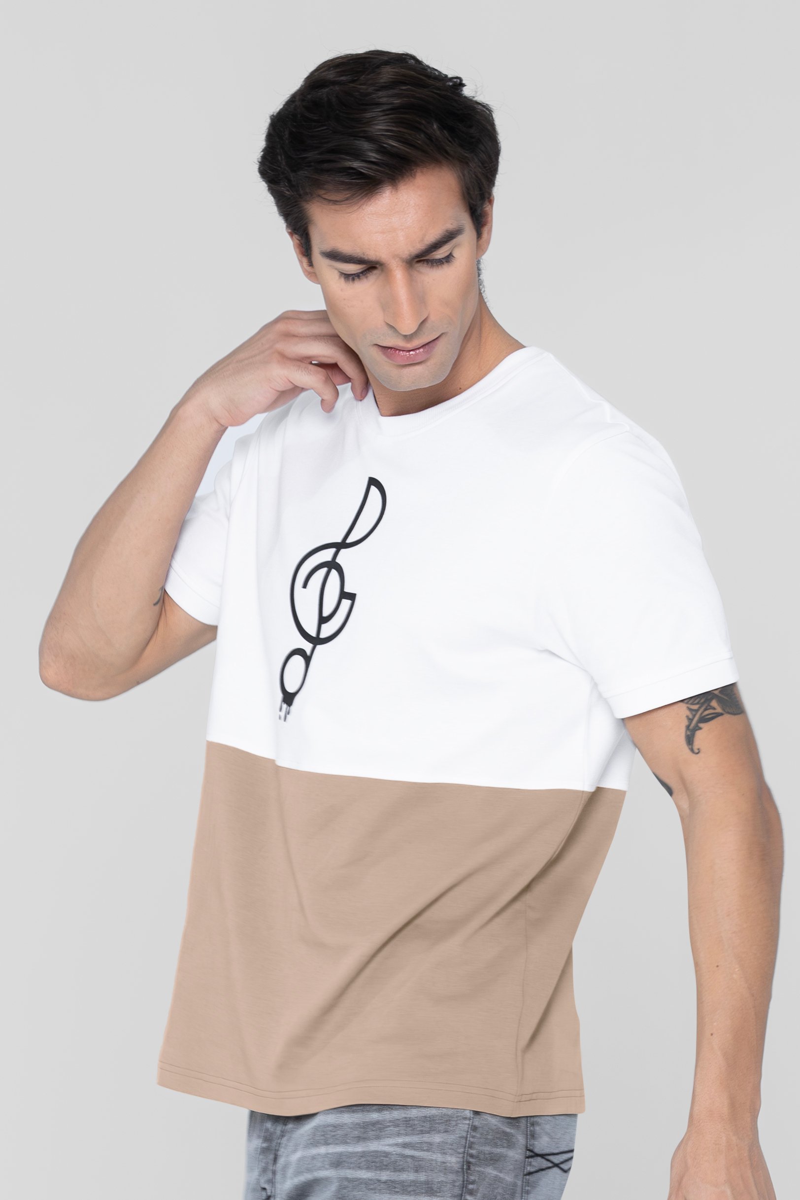 Enorsia Men's Cream Cut & Sew Colour Block T-Shirt - Uk L