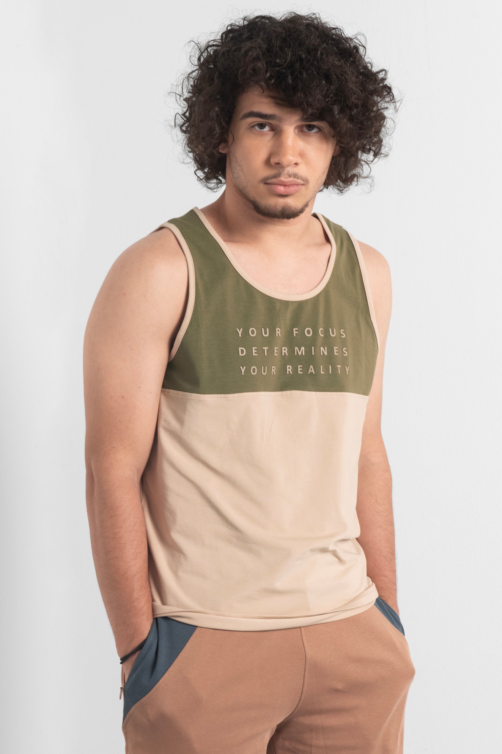 Enorsia Men's Olive Colour Block Tank Top - Uk S