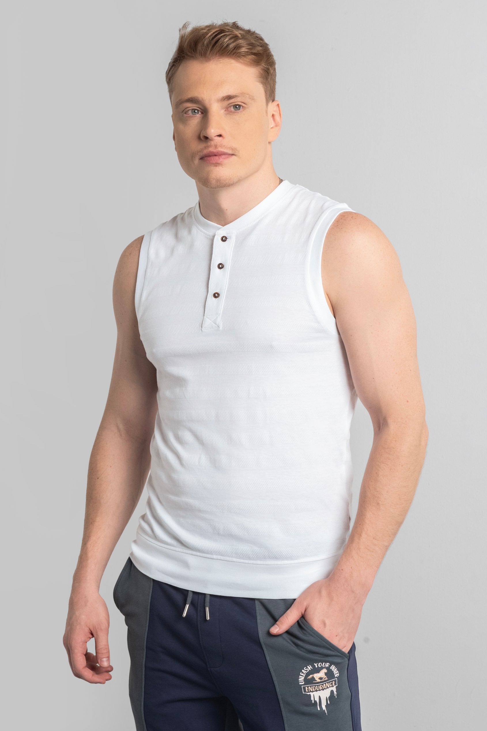 Enorsia Men's White Sleeveless Henley Vest Top - Uk L