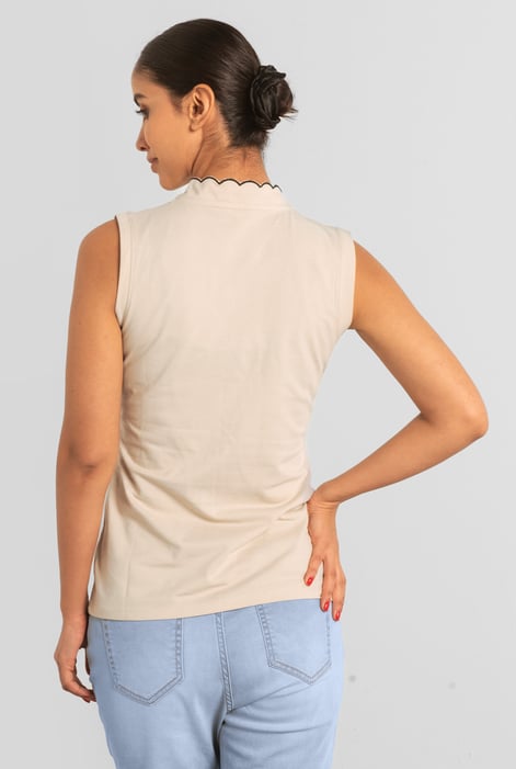 Womens Cream Regular Fit Sleeveless Pique Polo