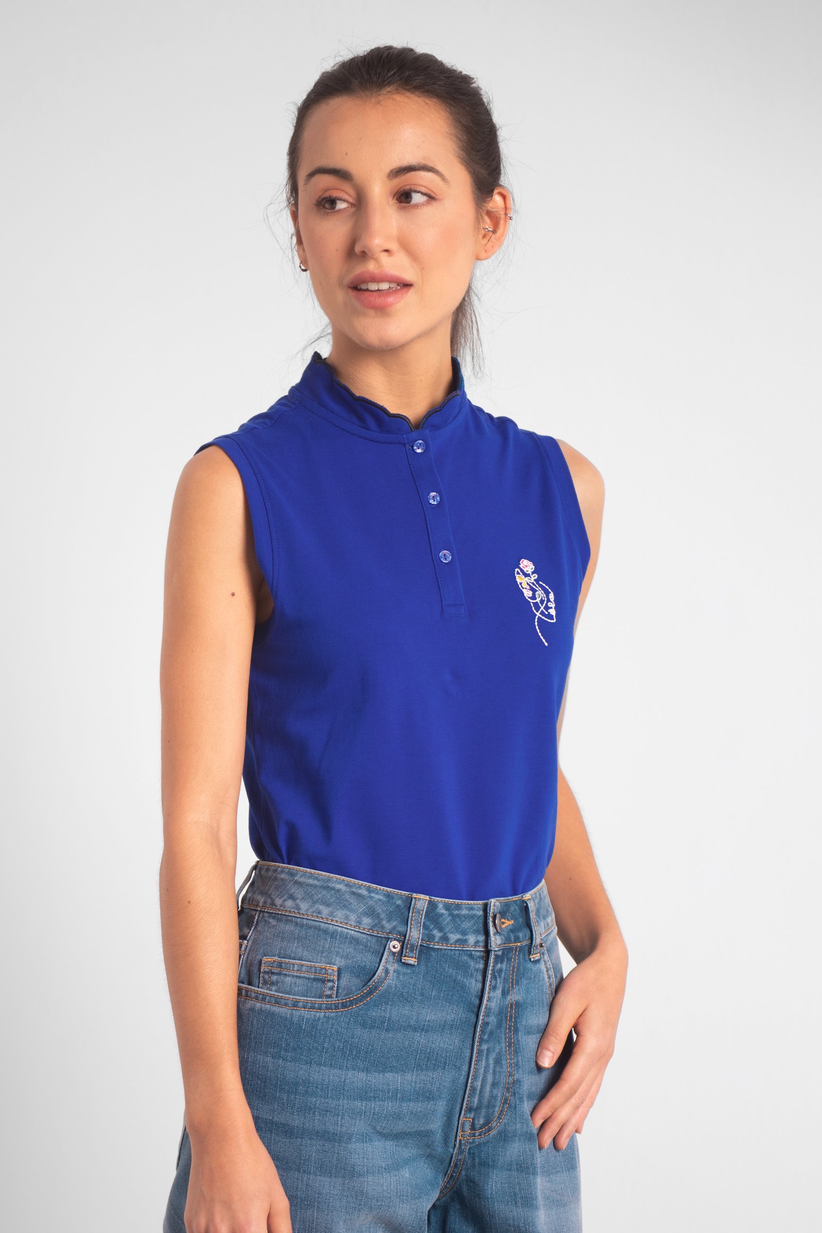 Enorsia Women's Blue Regular Fit Sleeveless Pique Polo - Uk 8