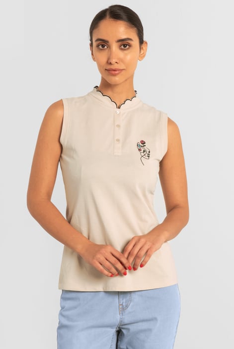 Womens Cream Regular Fit Sleeveless Pique Polo