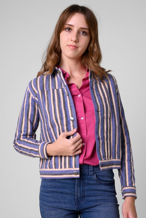 Womens Blue Stripe Pattern Cropped Jacket