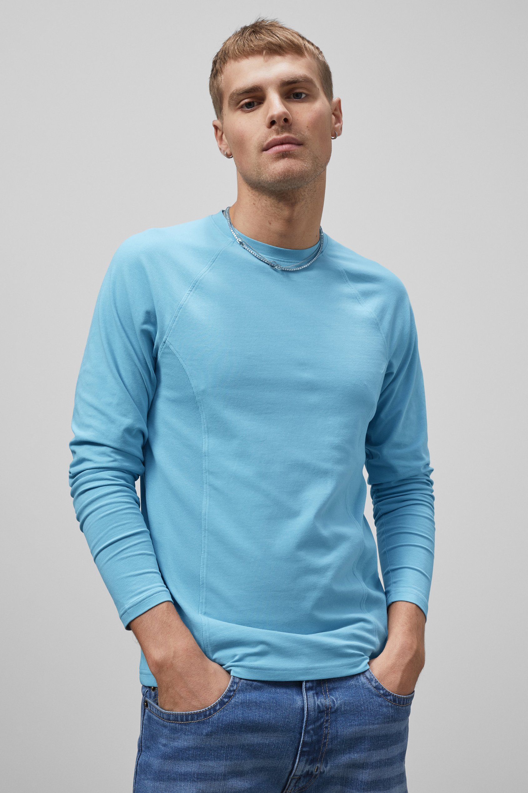 Enorsia Men's Blue Raglan With Side Panel Rib T-Shirt - Uk L